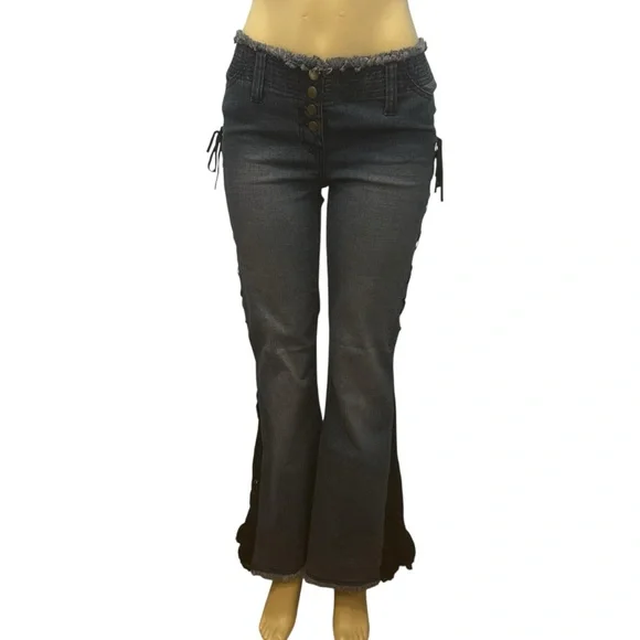 5/48 jeans flares blue with black lace womens size 8 blue boho festival concert - Picture 1 of 16
